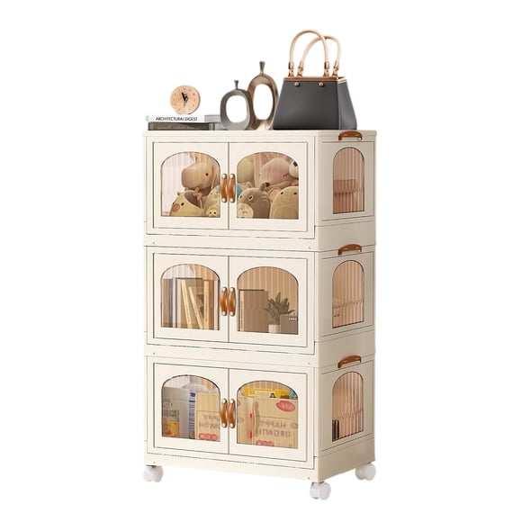 Toytexx 3-Tier Stackable Storage Cabinet, Portable Collapsible Container Box with Wheels for Home, Kitchen, Bathroom, Office