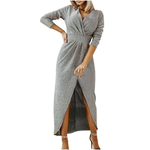biudgviw Lounge Dresses for Women Comfy V Neck Long Sleeve Fall Dress Fashion Front High Slit Solid Color Dress