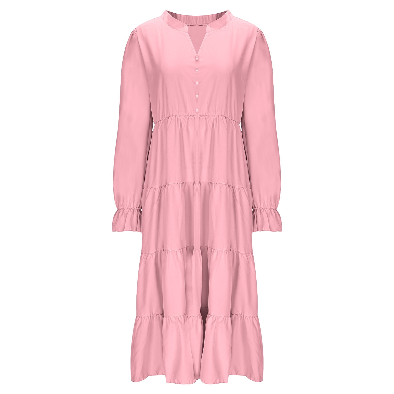 Arnsht Long Sleeve Dress for Women 2025 Spring Fall V Neck Tiered A-line Spring Elegant Modest Flowy Wedding Guest Maxi Dresses Pink XL