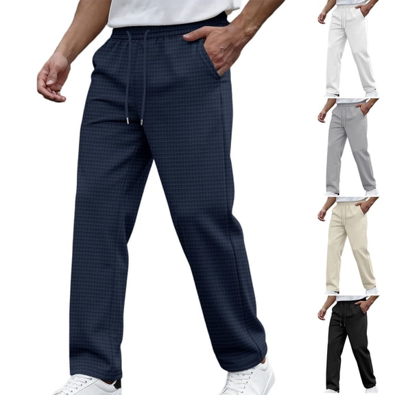 Guluxicc Waffle Pants for Men Elastic Waist Drawstring Solid Trousers with Pockets Classic Fit Summer Casual Pants