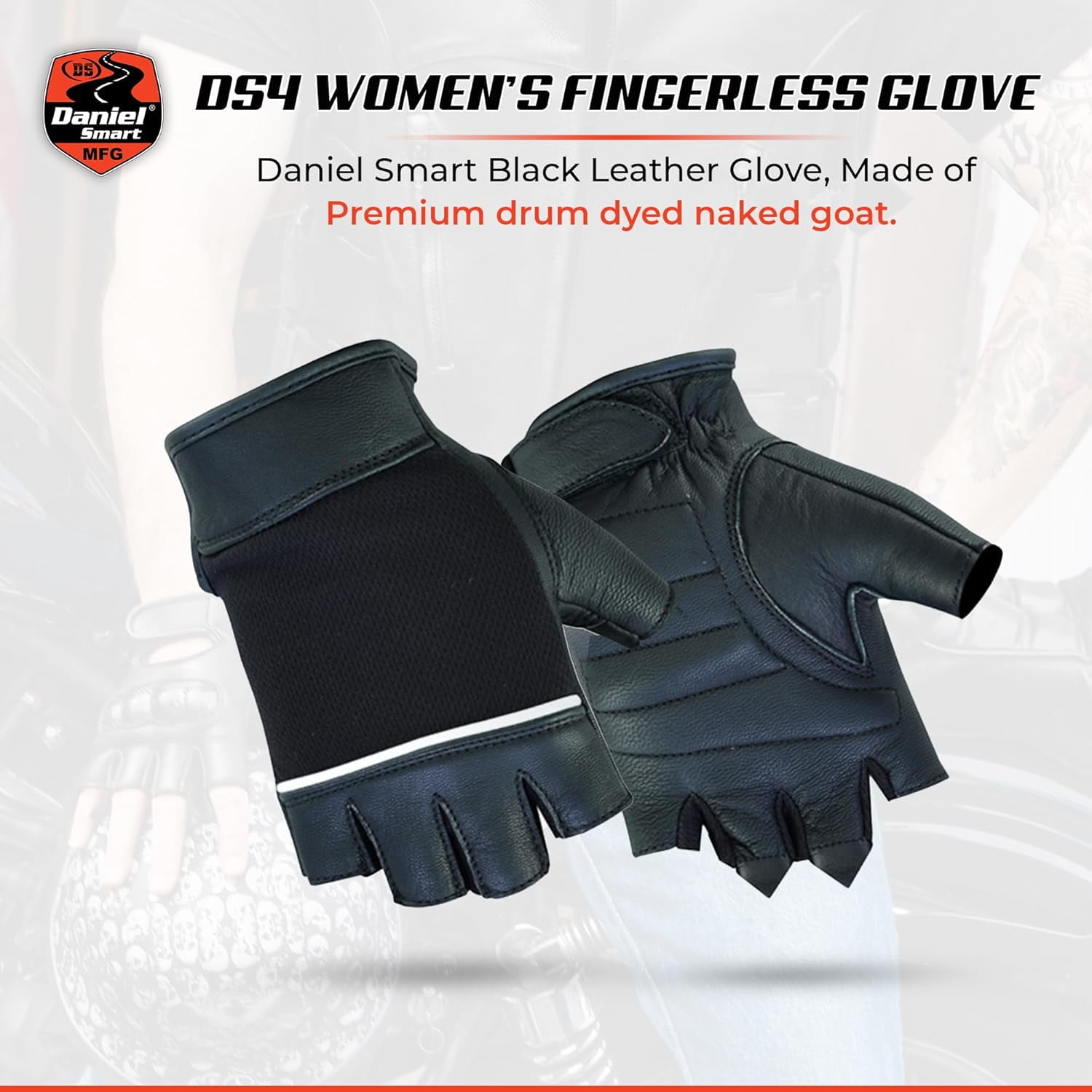 Daniel Smart Deerskin Leather Gloves–Fingerless Women Motorcycle Gloves with Gel Palm, Reflective Piping Design & Wrist Strap