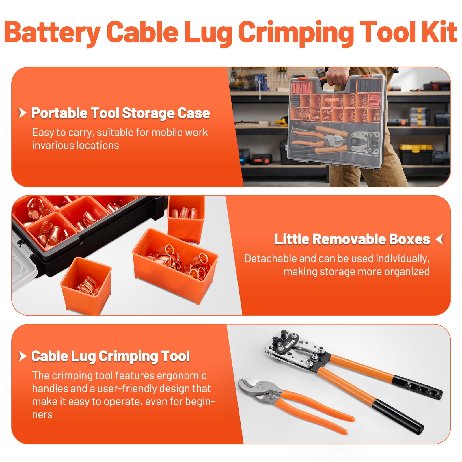 Filluck 245PCS Battery Cable Crimping Tool Kit, Copper Wire Lug AWG 1 2 4 6 8 1/0 Gauge, Wire Crimper for AWG 10-1/0 with Cable Cutter, Battery Terminal Connectors with 3:1 Heat Shrink Tubing