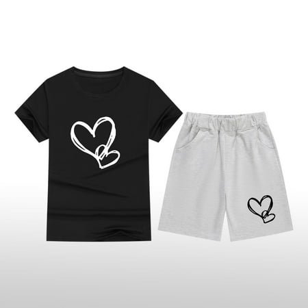 ITSAME Boys Girls Outfit Two Piece Heart Print Cotton Crewneck Short Sleeve T-Shirt and Elastic Waist Shorts Summer Casual Fashion Sets Black 10T