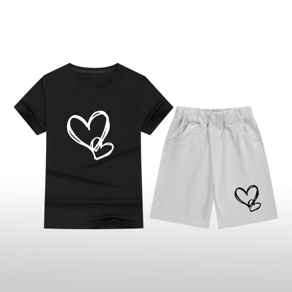 Girls Jogger Set Short Sleeve Heart-shaped Printed Crew Neck T-Shirts Lightweight Elastic Waistband Sweatpants Sports Ouifit Sets for Hiking Running Black 2-13 Years