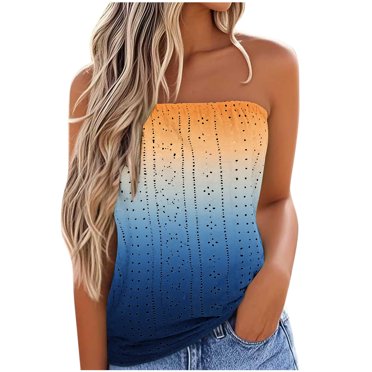 Scyoekwg Women's Casual Sleeveless Tube Tops Summer Strapless Eyelet Loose-Fit Blouse Lightweight Trendy Camisoles Tank Tops (Dark Blue,M)