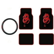 A Set of 4 Universal Fit Plush Carpet Floor Mats For Cars / Trucks and One Comfort Grip Steering Wheel Cover - Dragon Red