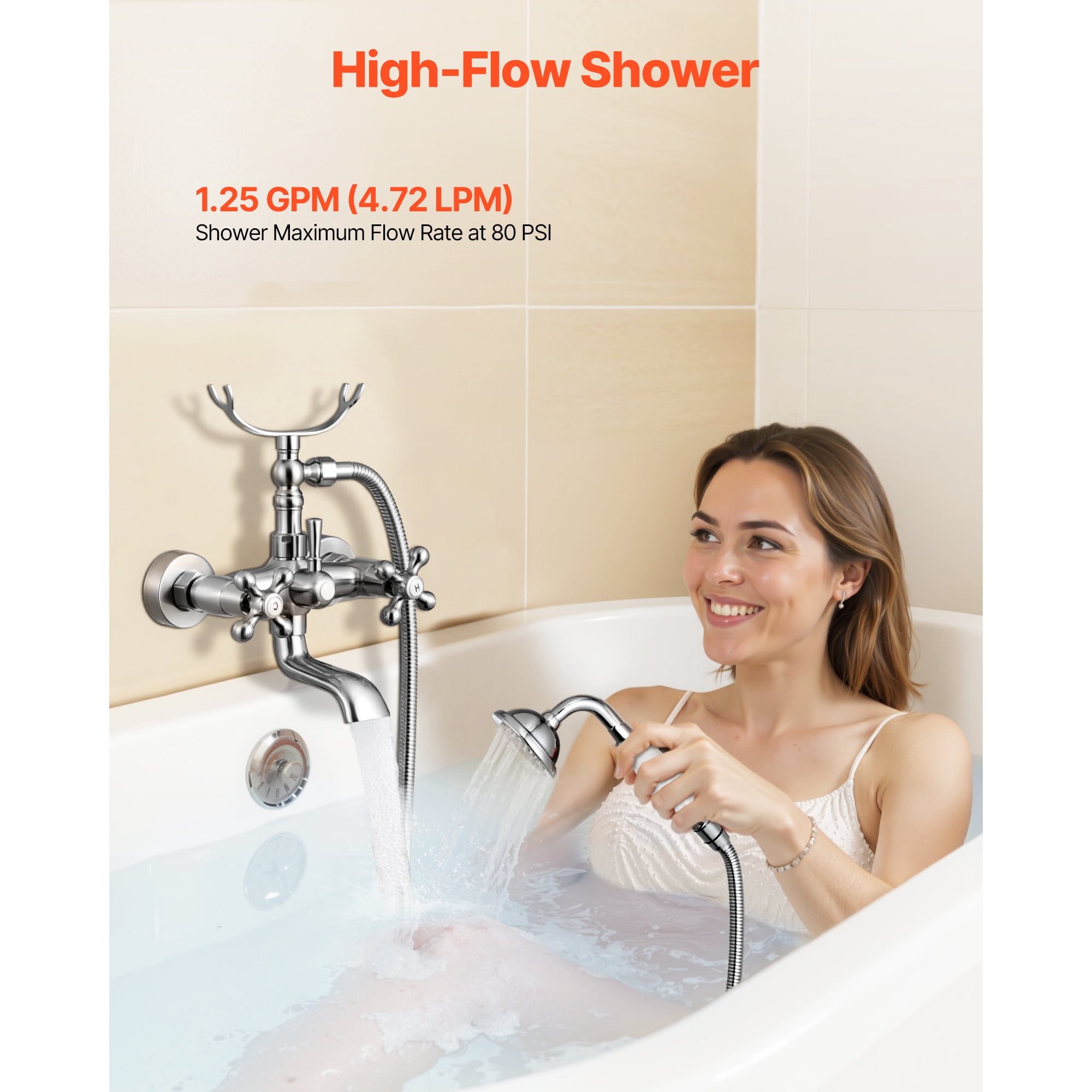 KFFKFF Wall-Mount Clawfoot Tub Faucet with Handheld Shower, Brushed Nickel Finish, Vintage-Style Bathtub Filler with Adjustable Swing Arms and 360° Rotating Spout