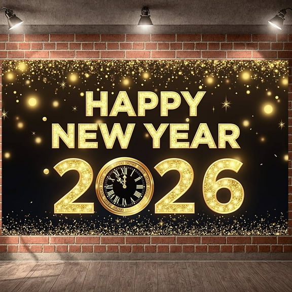 Colorful Fireworks Happy New Year Banner Golden Lettering 2026 New Year Display Festive Design Sparkling Elements New Year Backdrop for New Year Party 2026 Celebration Holiday Gathering