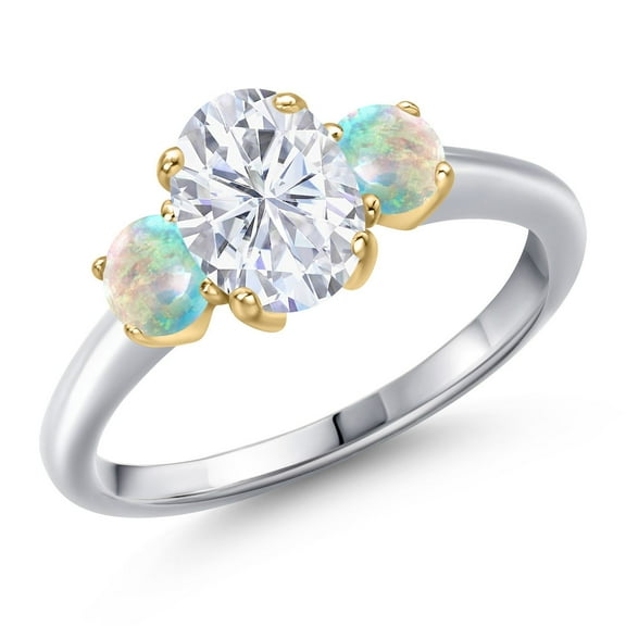 Gem Stone King 10K Two Tone Gold White Moissanite and Simulated White Opal Engagement Ring for Women | 2.00 Cttw | Oval 8X6MM | Gemstone Birthstone | Size 5