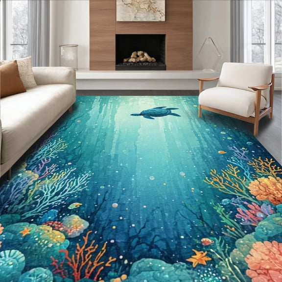 ODIKA 4'x6' Machine Washable Non-Slip Area Rug, Underwater With Vibrant Coral Reef Design High Traffic Rug, Blue, 38346