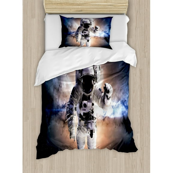 Astronaut Twin Size Duvet Cover Set, Floating Astronaut in Space Nebula Heavenly Bodies Star Systems Love Science, Decorative 2 Piece Bedding Set with 1 Pillow Sham, Multicolor, by Ambesonne