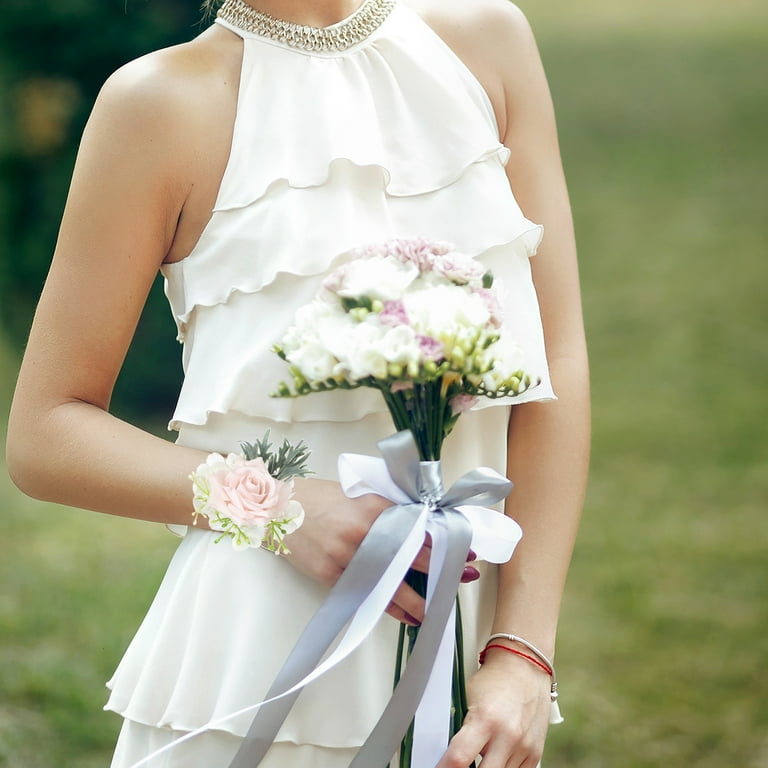 Uxcell 2 Pcs Beige Flower Wrist Corsage Bracelets, Artificial Flowers Corsage Wristlet for Wedding Bride Groom Ceremony Anniversary Prom Party