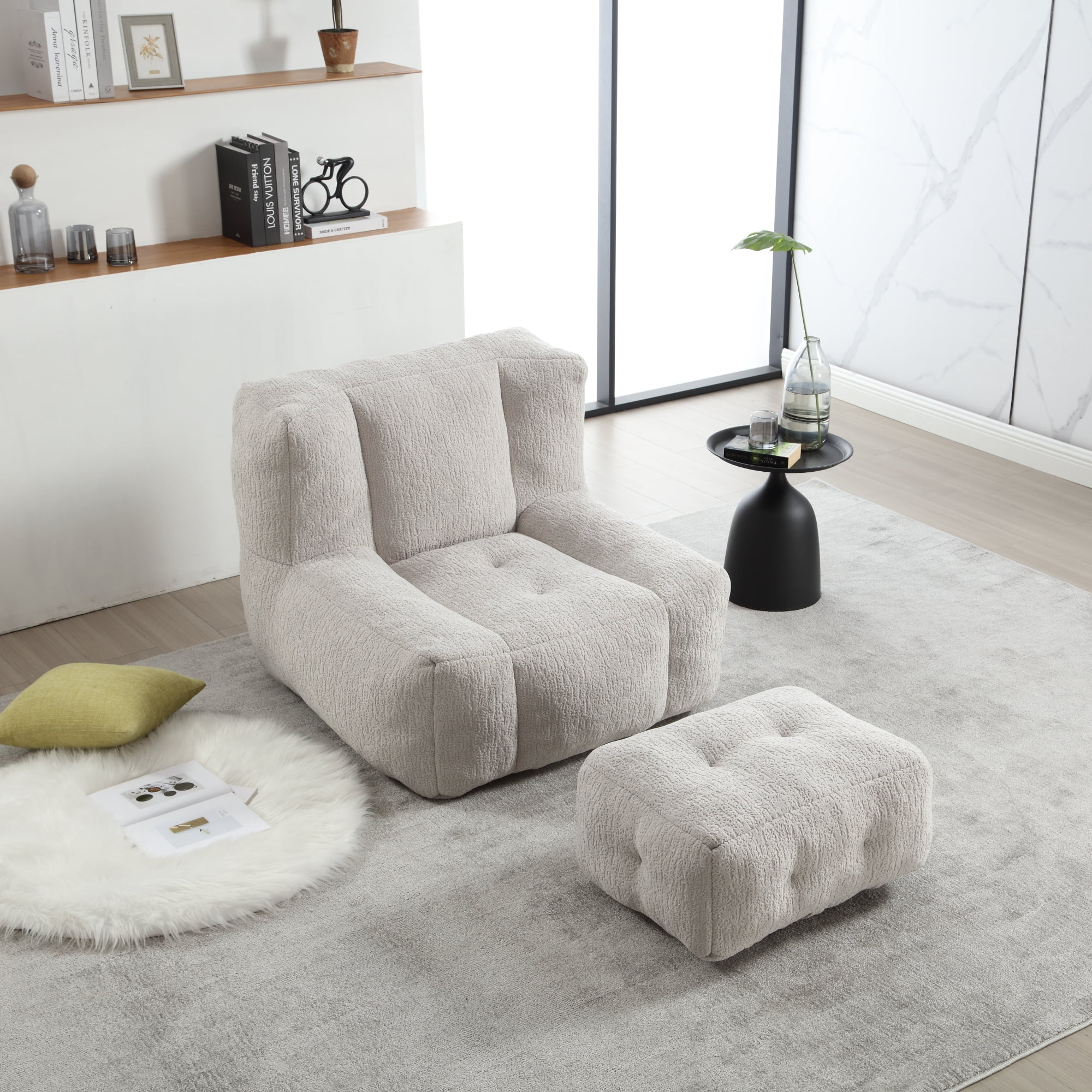 Accent Chair with Ottoman Set,Modern Velvet Bean Bag Chair for Adults and Childs,Upholstered Lazy Sofa Chair Armchair for Living room, Bedroom, Apartment,Light Gray