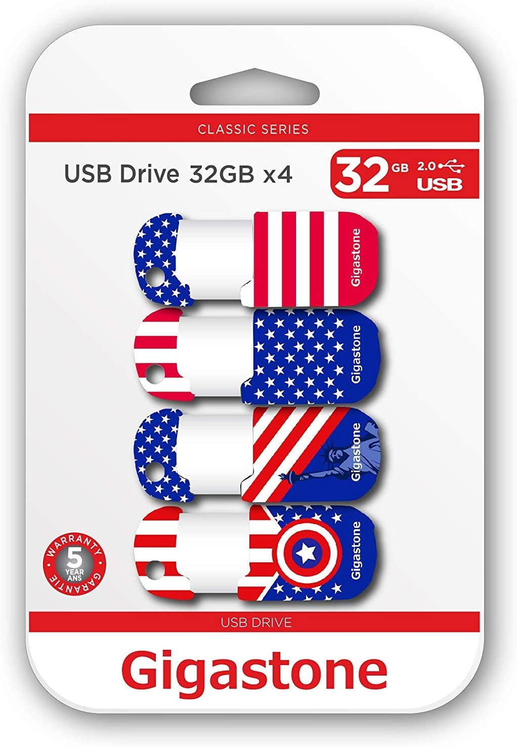 Gigastone V10 32GB 4-Pack USB2.0 Flash Drive, American Patriot Style, Capless Retractable Design Pen Drive