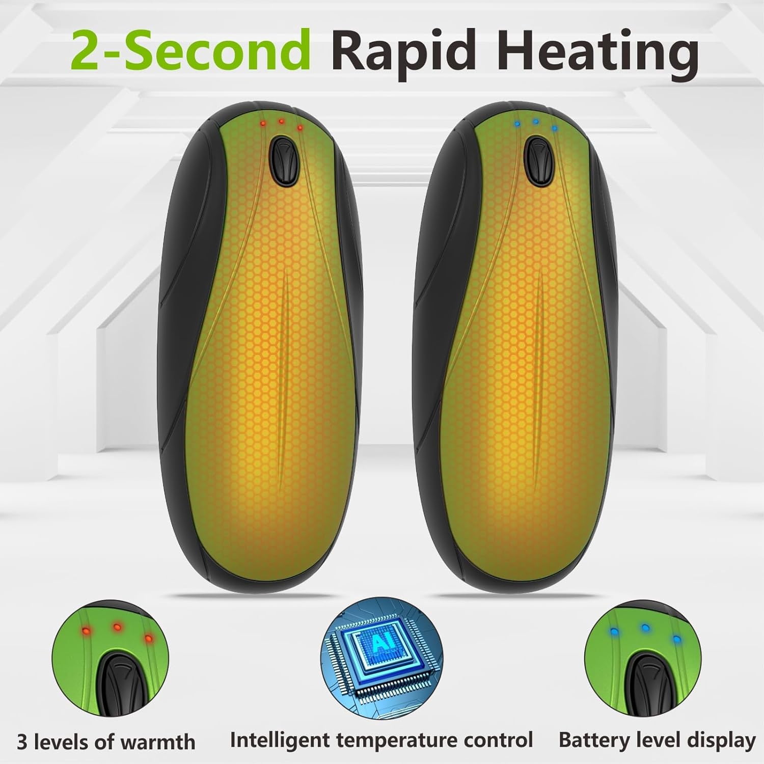 Hand Warmers Rechargeable 2 Pack, 14000mAh Electric Hand Warmers with Charging Case, Quick Charge Portable Heater,Gifts for Christmas, Winter, Outdoor, Camping, Hunting Accessories, Green