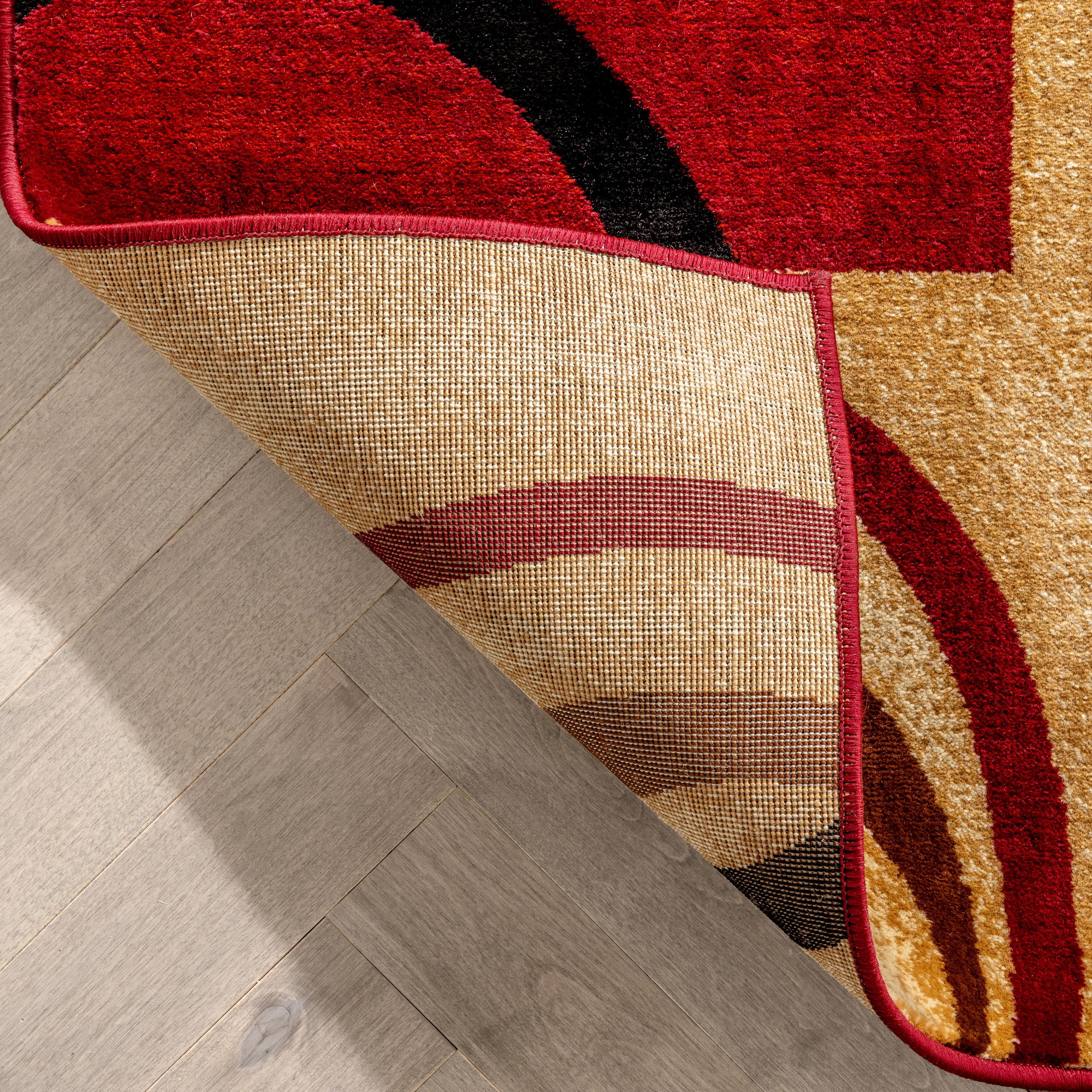 Well Woven Deco Rings Red Ivory Light Blue Geometric Modern Casual Area Rug Easy to Clean Stain Fade Resistant Shed Free Abstract Contemporary Color Block Boxes Lines Soft Living Dining Room Rug