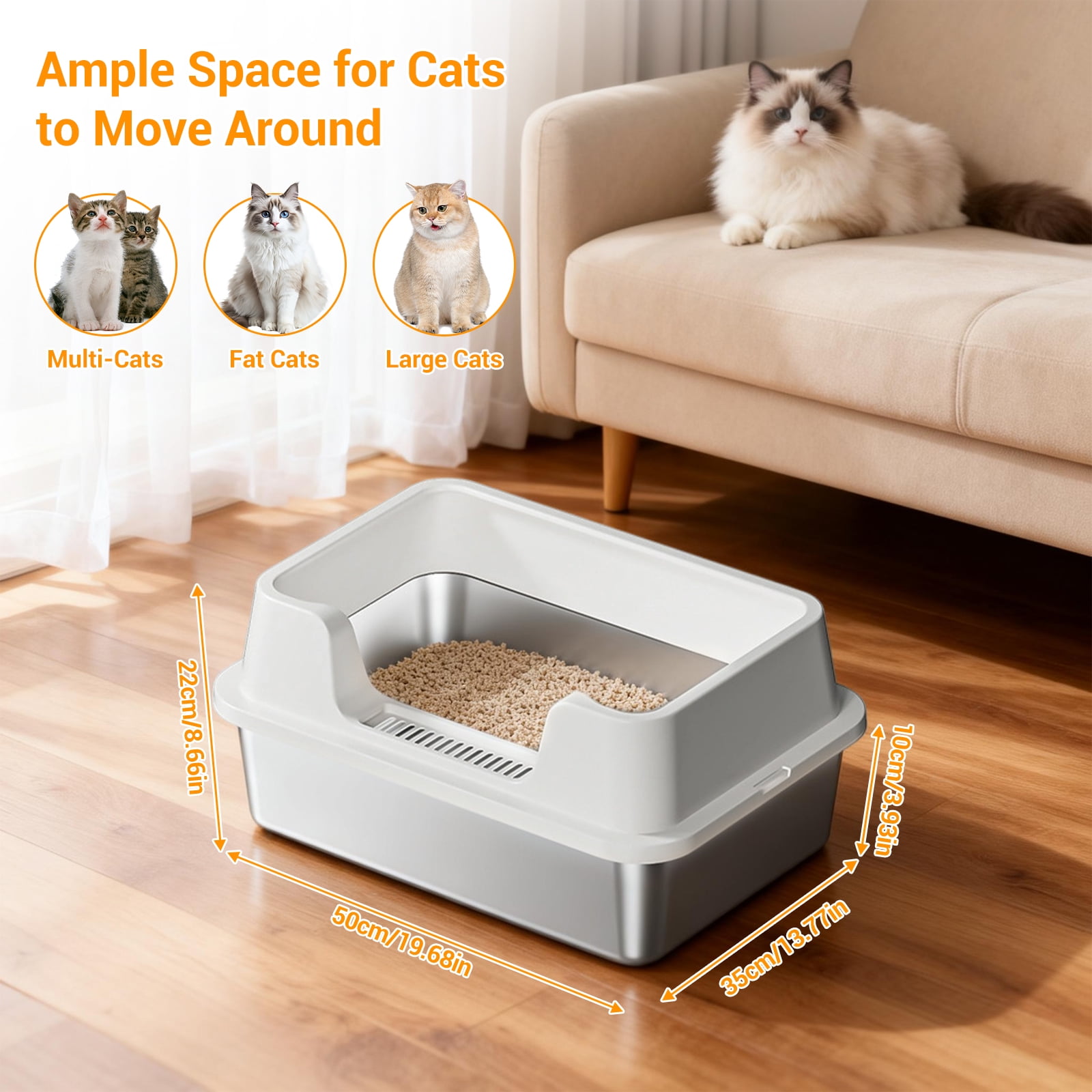 Stainless Steel Cat Litter Box - High-Sided, Non-Stick & Odor Resistant, Easy to Clean for Large Cats