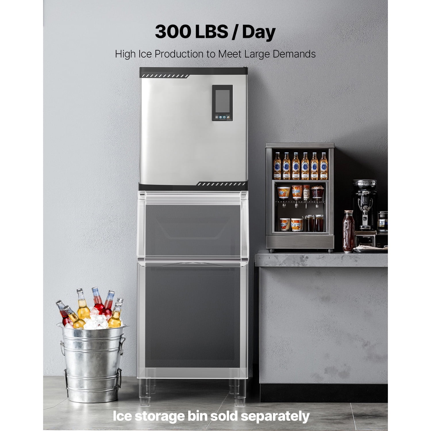 KFFKFF Commercial Ice Maker Machine - 300 Lbs/Day Stainless Steel with Programmable Ice Production, Self-Cleaning Function, Adjustable Ice Thickness, Suitable for Restaurants, Hotels - Head Only