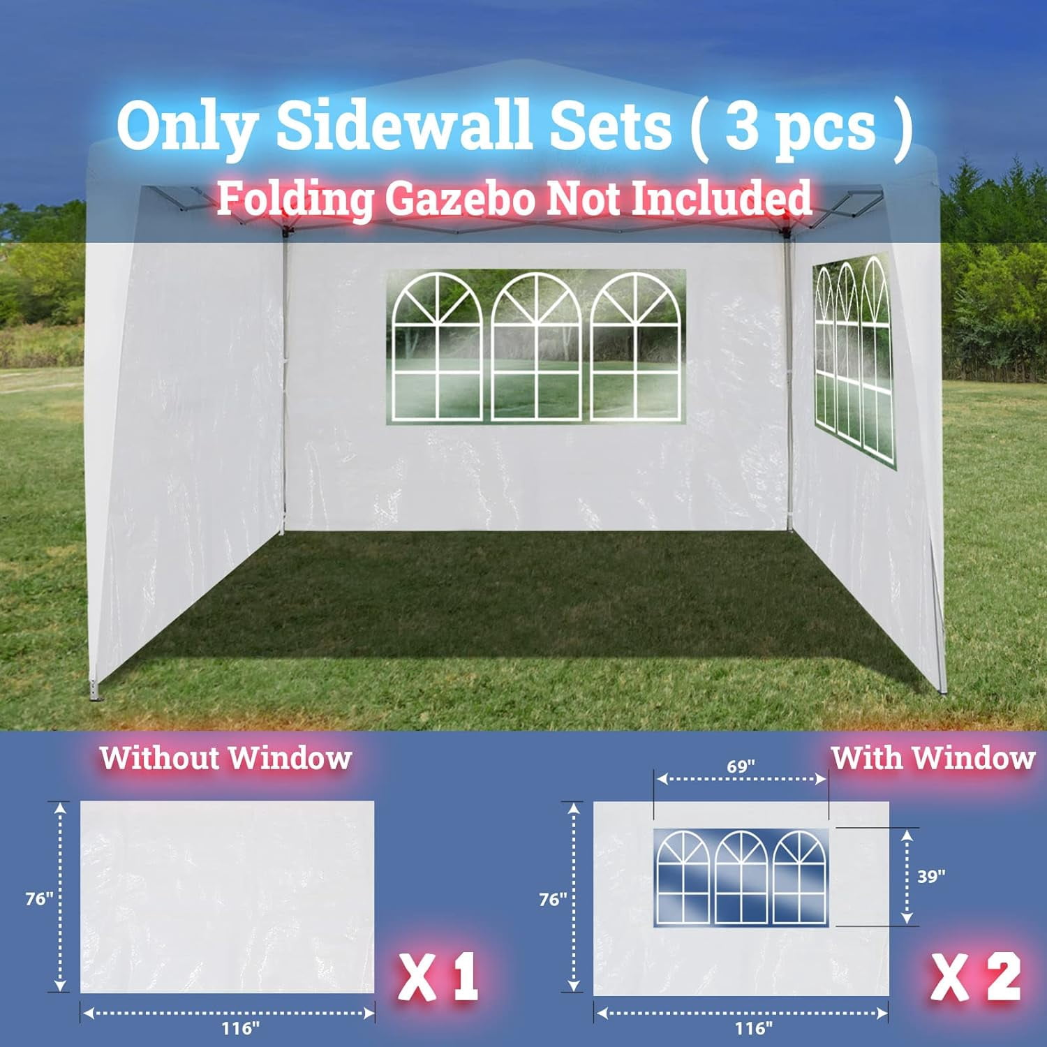 Multi-Type 10' L X6.4' W Side Panel for 10' X 10' Tent, Outdoor Replacement sidewall for Folding Tent Canopy Gazebo Marquee