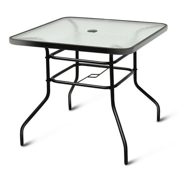 Pemberly Row Outdoor Patio Square Table Tempered Glass Steel Frame in Black