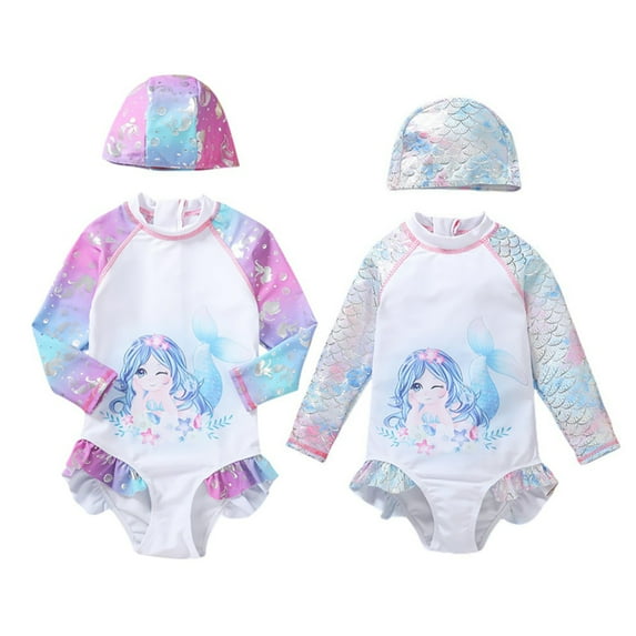 GYRATEDREAM Girls Cartoon Long Sleeve Zipper Rash Guard 1 Piece UPF 50+ Sun Protection with Cap 2-7 Years