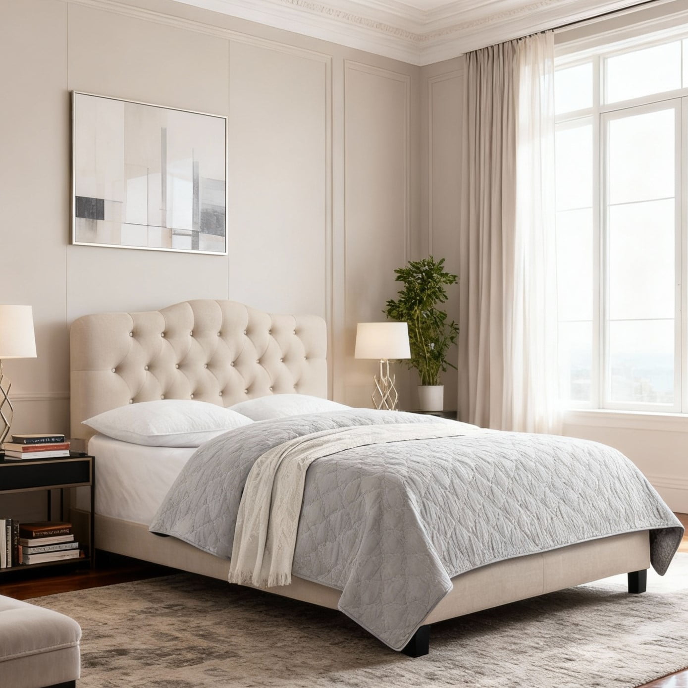 Gewnee Beige Full Platform Bed,Linen Fabric Padded Headboard,Solid Wood Slat Support & Sturdy Construction,Ideal for Bedroom,Box Spring Required