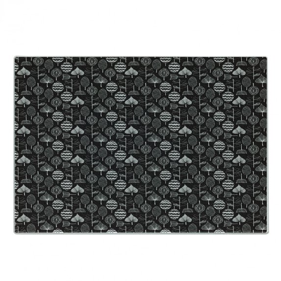 Nordic Cutting Board, Scribble Style Leaf Motifs Nature Inspired Ornament Pattern with Foliage, Decorative Tempered Glass Cutting and Serving Board, Small Size, Black and White, by Ambesonne
