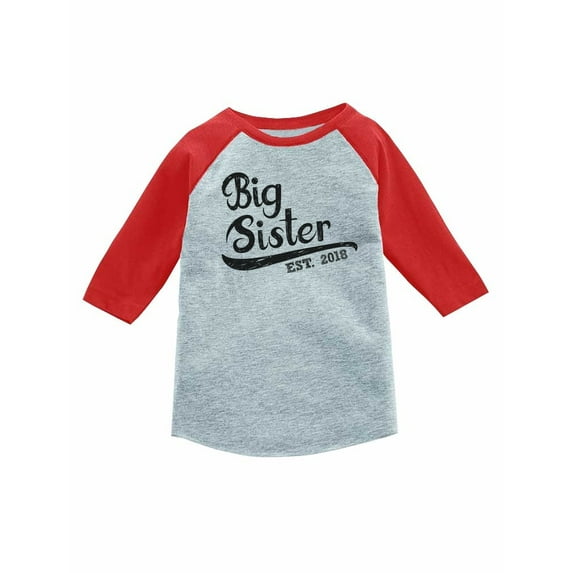 Big Sister Est 2018 - Sibling Gift Girl 3/4 Sleeve Baseball Jersey Toddler Shirt 5/6 Red