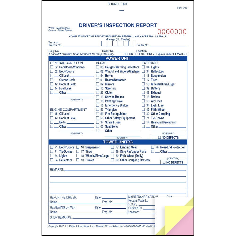 Detailed Driver's Vehicle Inspection Report 5-pk. - Book Format, 3-Ply Carbonless, Blue Ink, 5.5" x 8.5" - 31 Sets of Forms Per DVIR Book - Meet FMCSR Requirements - J. J. Keller & Associates