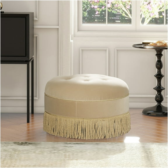 JERFIT Round Velvet Ottoman with Tassel Fringe, Button Tufted Upholstered Storage Footstool Pouf Bench for Living Room, Brown