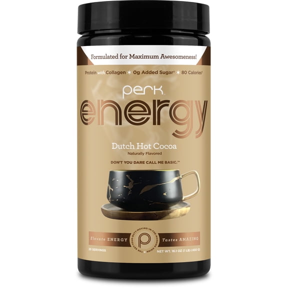 Perk Energy Drink Mix (Dutch Hot Cocoa) 20 Servings - Caffeinated Healthy Coffee Alternative with Protein, 100mg of Caffeine, Gluten-Free, Soy-Free