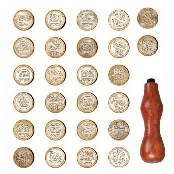 Vintage Wax Seal Stamp Set,26Pieces Sealing Wax Stamp Head   1 Wood Handle