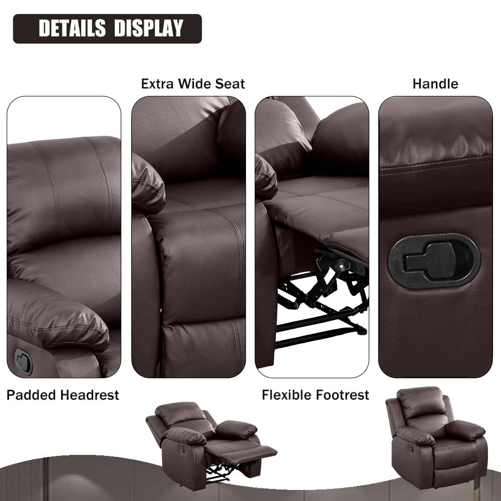 Aukfa Leather Recliner Chair Overstuffed Armchair Single Sofa w/ Lumbar Support for Living Room, Brown