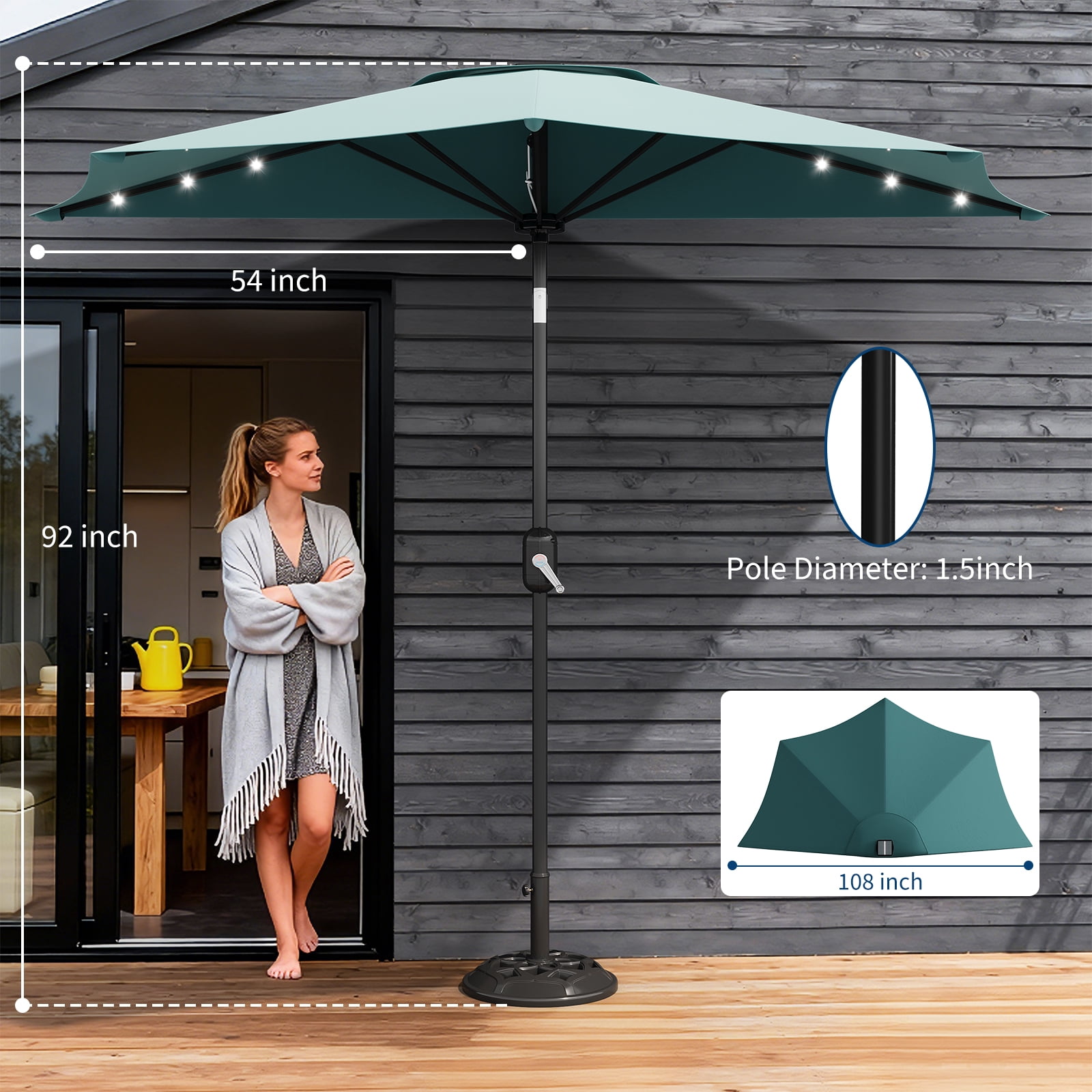 Patio Umbrella 9FT - Half Umbrella Outdoor with Solar LED Lights and Smooth Crank Lift, Outdoor Shade Canopy for Patio,Garden,Blue