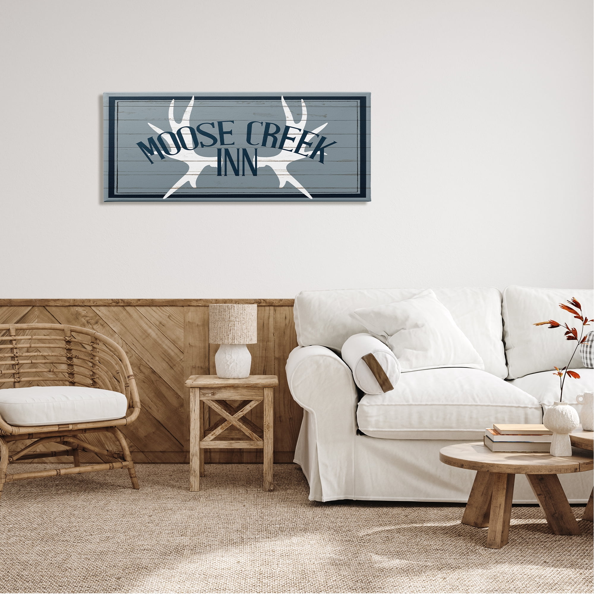 Stupell Industries Blue Moose Creek Inn Sign Rustic Antlers Cabin Theme Canvas Wall Art, 48 x 20, Design by Kim Allen