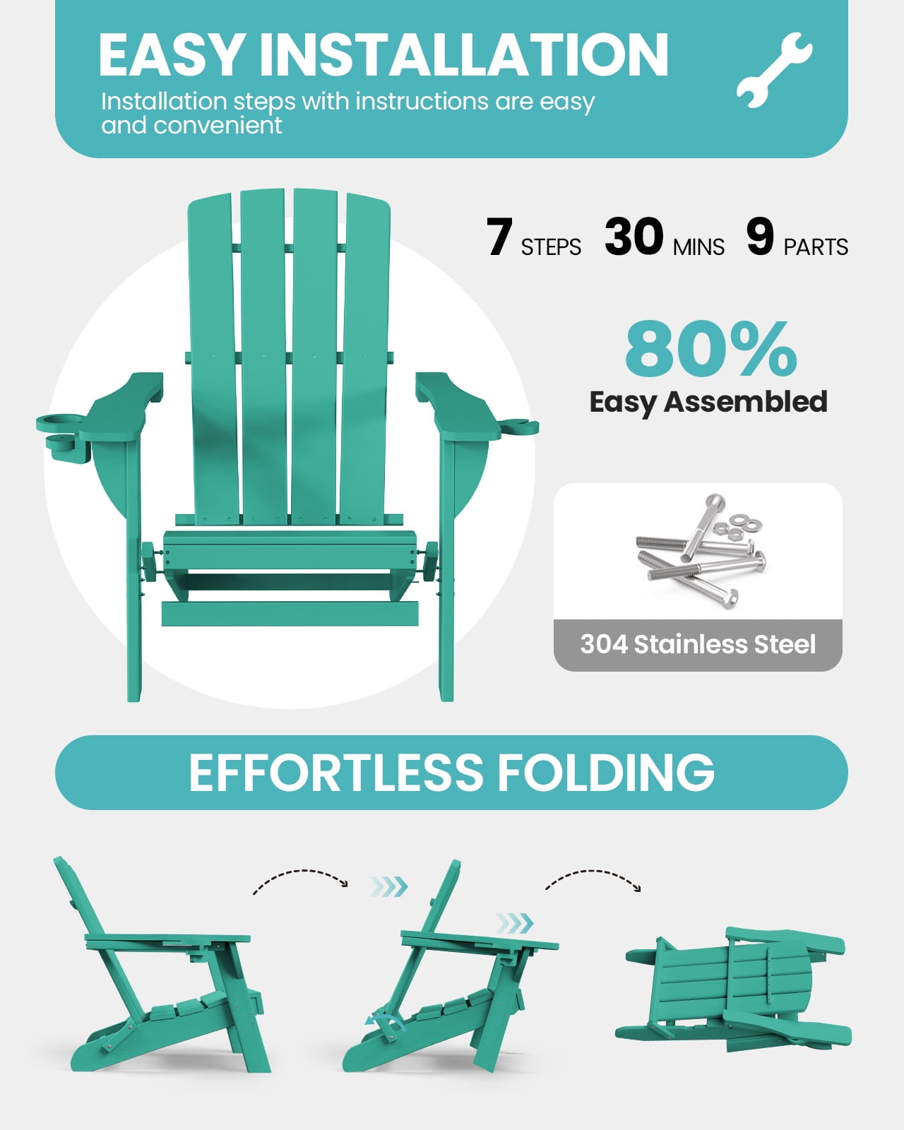 Folding Adirondack Chair, HDPE All-Weather Lawn Chair with 2 Cup Holder, Patio Garden Outdoors Fire Pit, Aqua