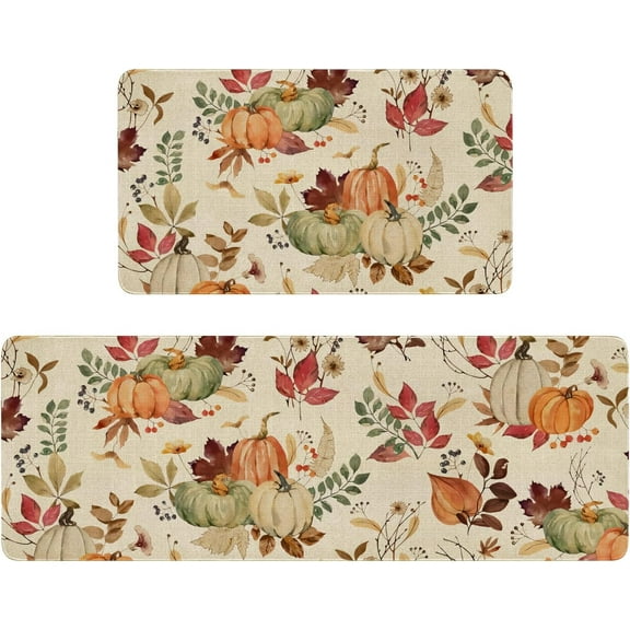 Fall Kitchen Rugs Set of 2,Pumpkin Maple Leaf Flower Autumn Thanksgiving Farmhouse Floor Mats and Rugs Non Skid Washable for Kitchen Home Decor (17"x47" 17"x30")