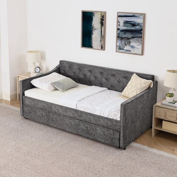 Oufan Twin Size Mid Century Daybed w/ Pop-up Trundle, Linen Tufted Sofa Bed Frame w/ USB Charging, Button on Back & Wood Strong Supports