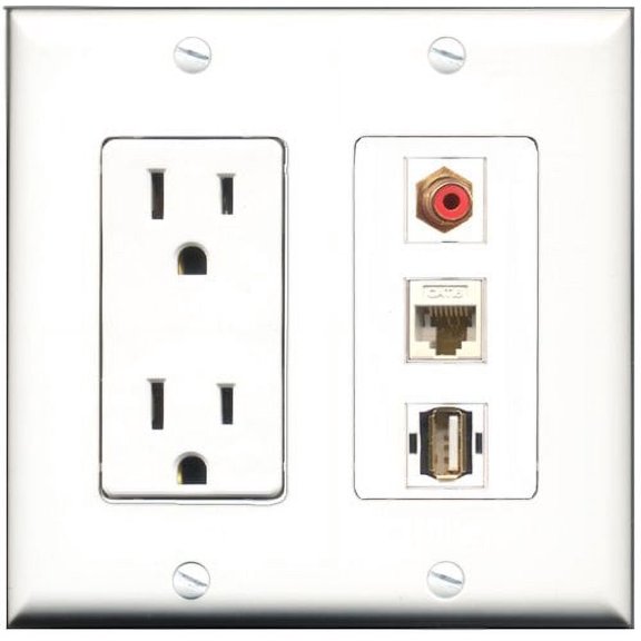 RiteAV - 15 Amp Power Outlet 1 Port RCA Red 1 Port USB A-A 1 Port Cat6 Ethernet Ethernet White Decorative Wall Plate
