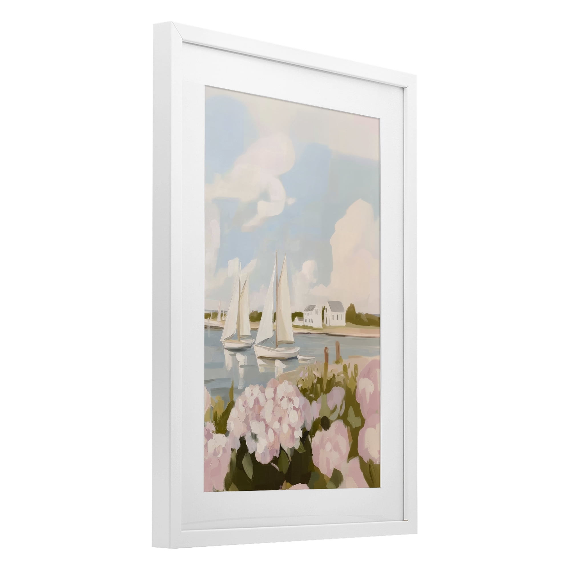 Stupell Industries Pink Hydrangeas with Sailboats White Framed Print Under Glass, design by Sisi and Seb