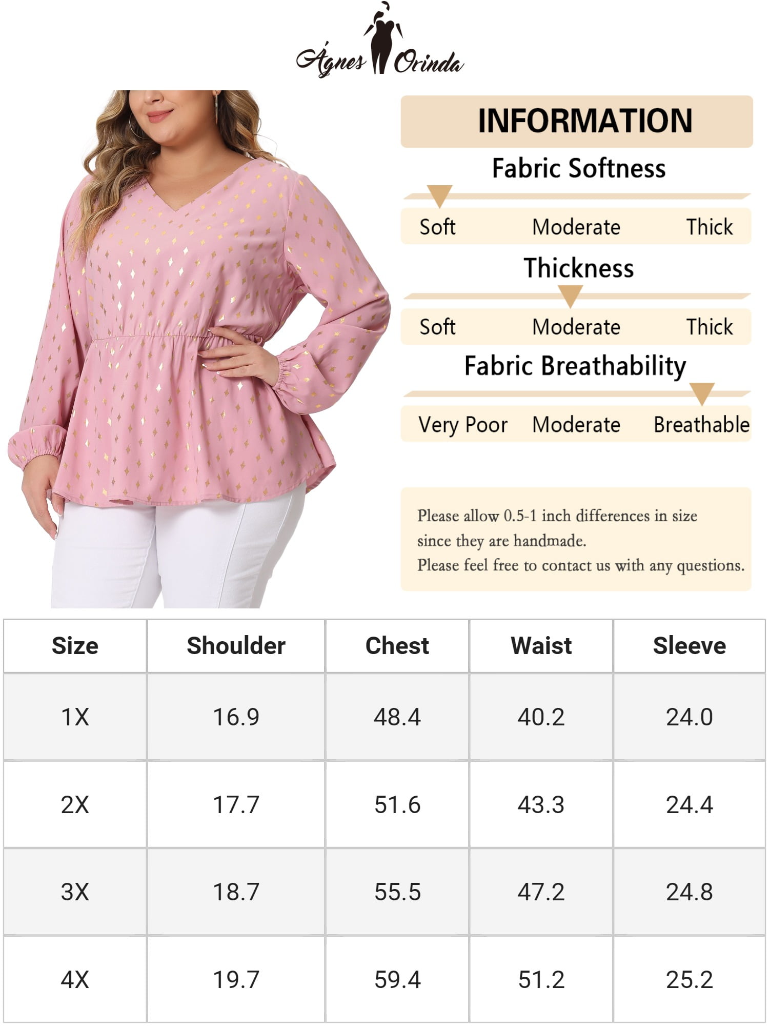 Women's Plus Long Sleeve V Neck Peplum Top Ruffled Elastic Waist Blouse 3X Pink