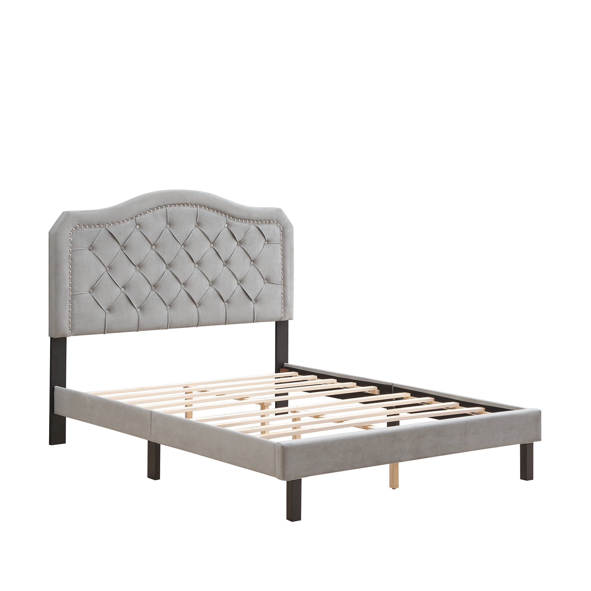ASINMAK Queen Size Velvet Platform Bed Frame, Curved Button Tufted Headboard with Nailhead Trim, Wood Slat Support, Gray