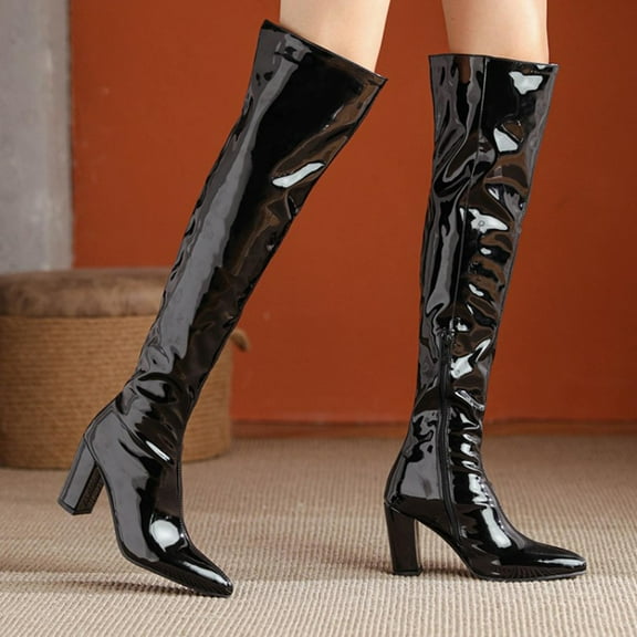 Bnwani Womens Boots Winter Fashion Pointed Zipper High-Heel Thick Chunky High Casual Solid Leather Boot Black Size 5