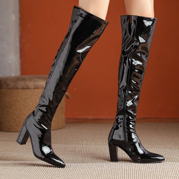 Amzcrzy Over The Knee Boots for Women Women's Fashionable Casual Winter Long Solid Color Patent Leather Pointed Side Zipper Thick Heel High Heel Over The Knee Boots Thigh High Boots Women's Boots