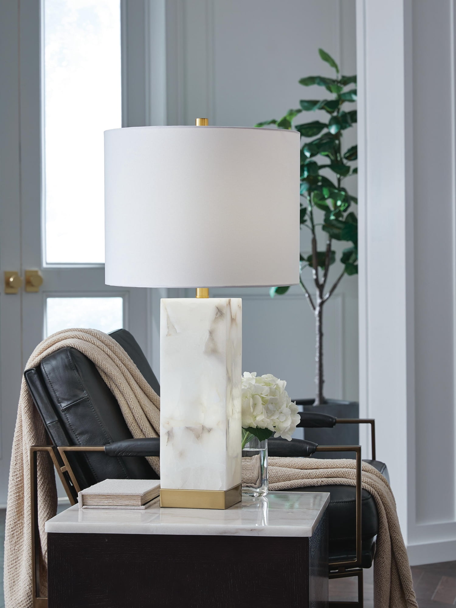 Signature Design by Ashley Linderfield Alabaster Table Lamp, Gold Finish, 29" Height, Drum Shade