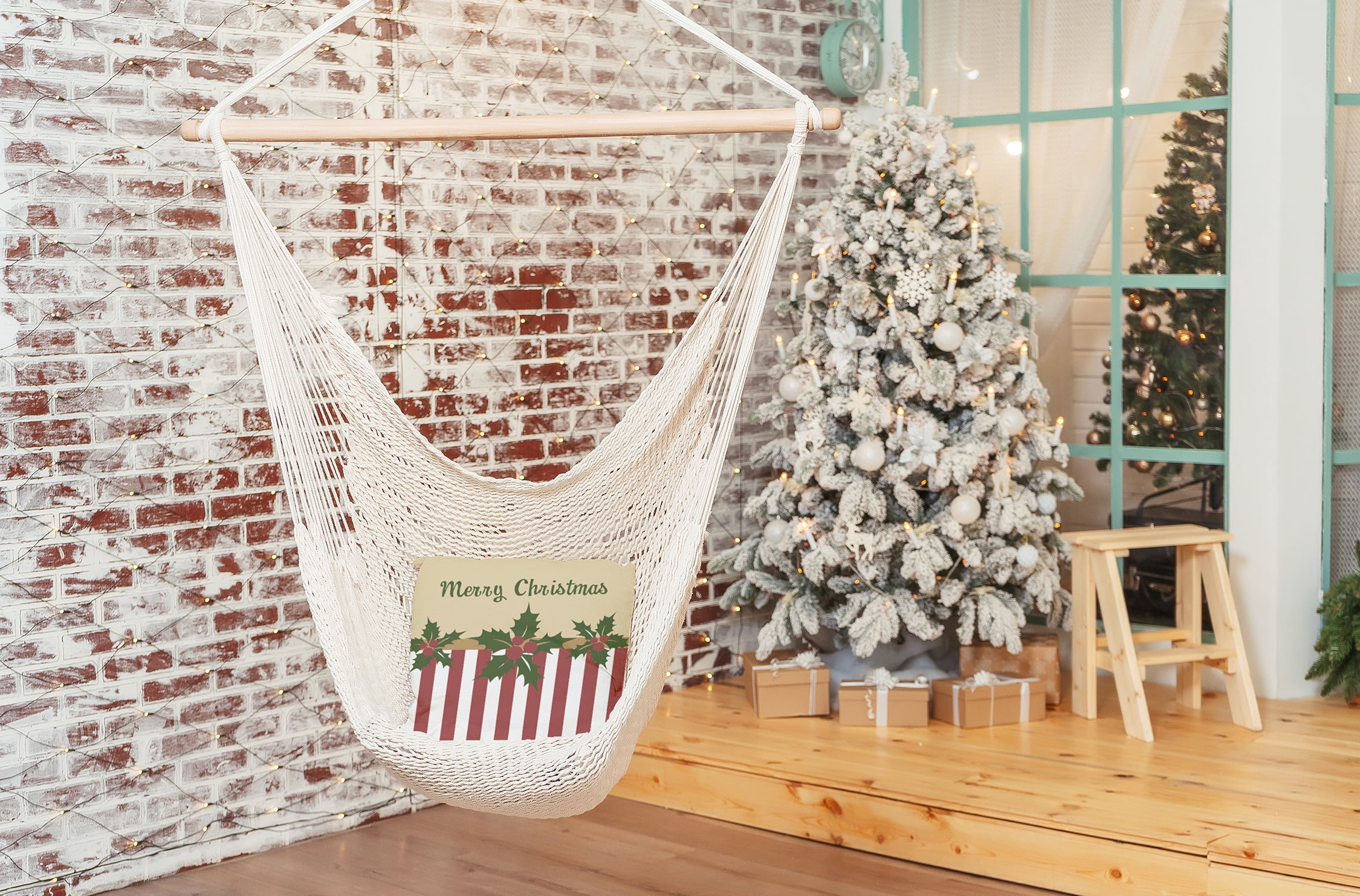 18" x 18" Simply Daisy Merry Christmas Stripes Polyester Indoor/Outdoor Pillow, Moss Green Qty 1