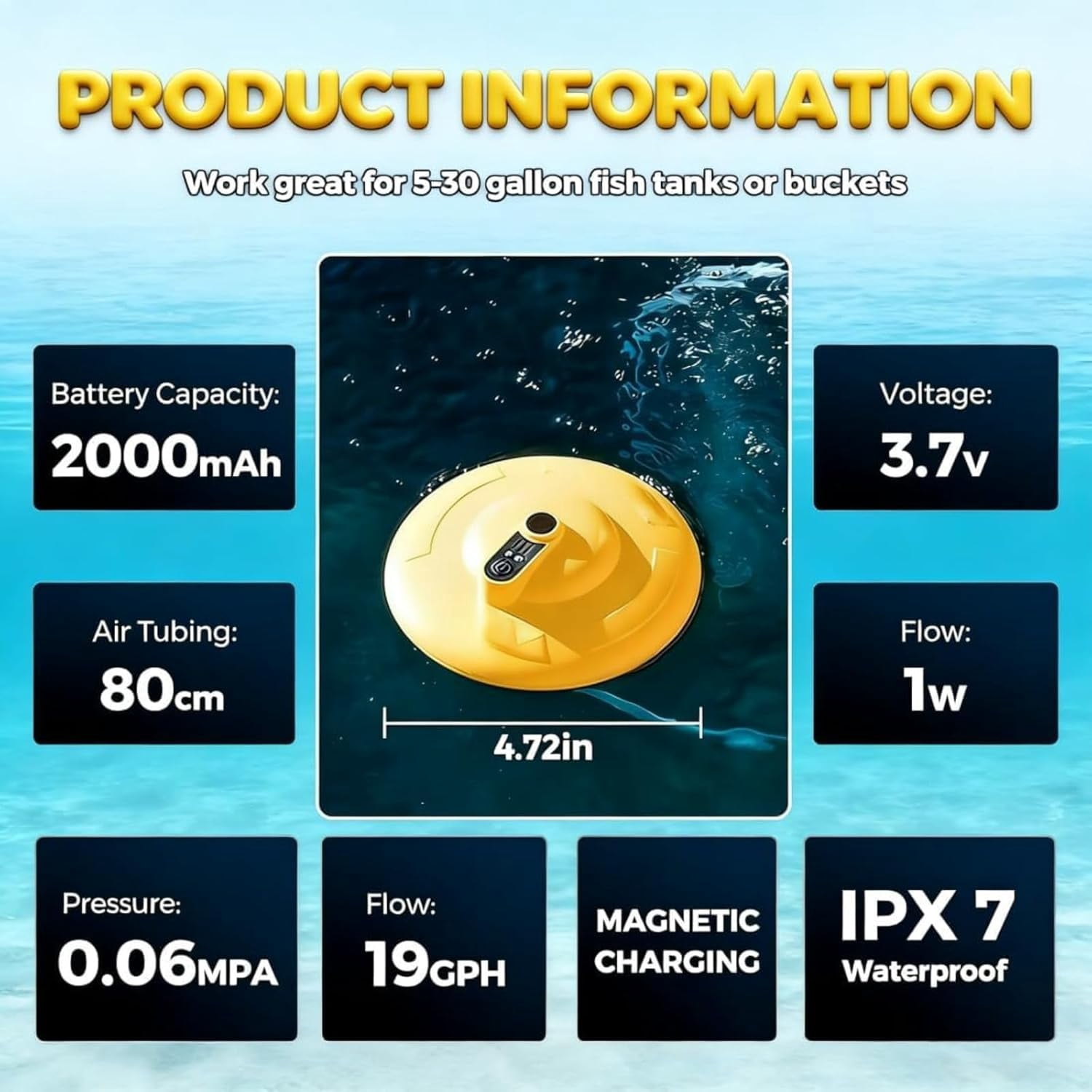 IPX7 Floating & Rechargeable Bait Bucket Aerator, Portable Channel Aquarium Aerator & Inflator, Ultra-Quiet Bubble Generator for Fish Tank, Bait Bucket, Fishing Trips Live Bait Transportation (B)