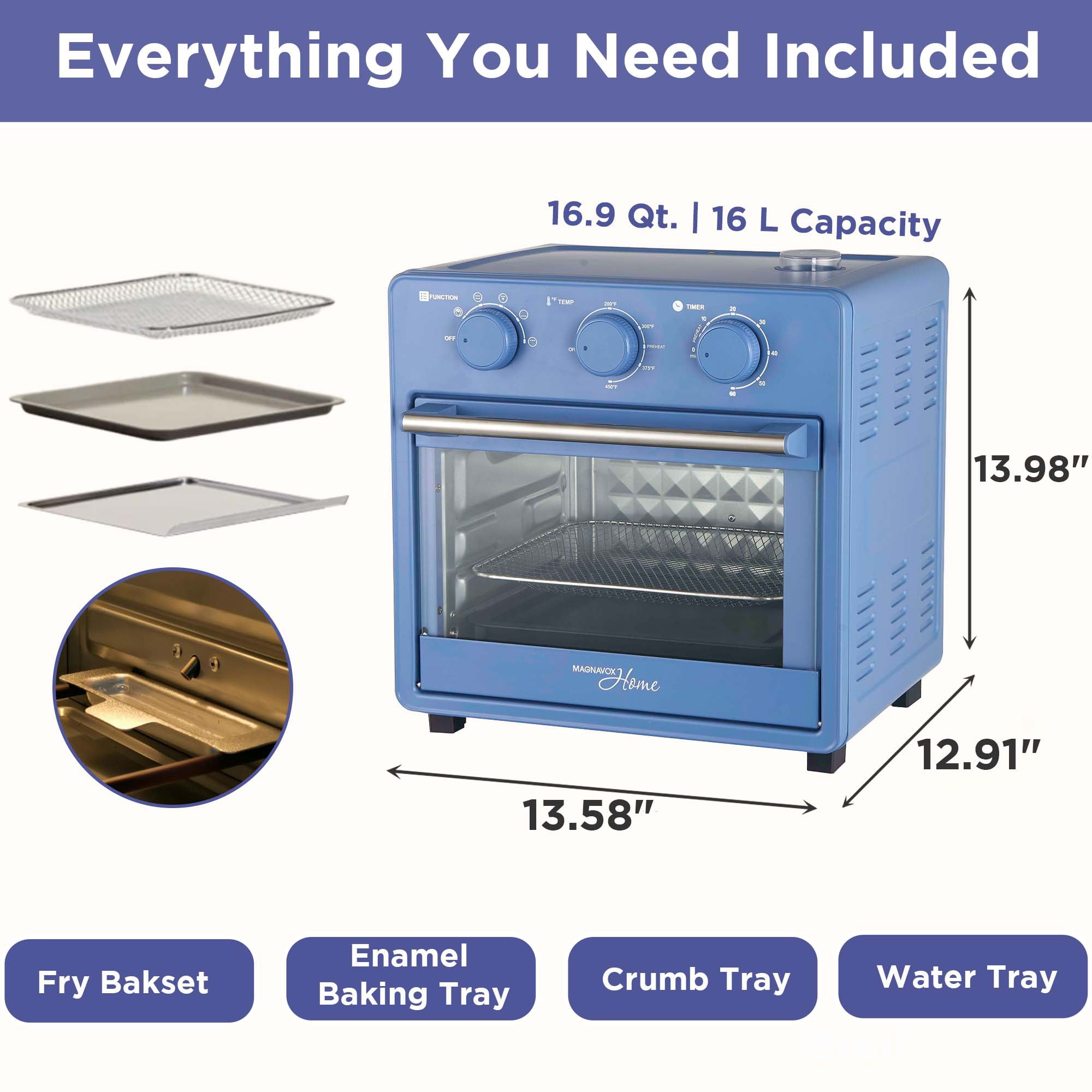 Magnavox 16.9 Qt./16L Air Fryer Oven with Steam Infusion, Countertop Convection Toaster Oven with Viewing Window, Blue