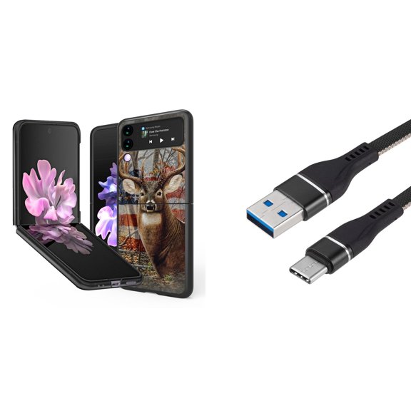 Bemz Premium Bundle for Samsung Galaxy Z Flip 3 5G: Slim Snap-On Protector Case (American Deer Buck), Nylon Braided USB-C to USB-A Cable (3 Feet)