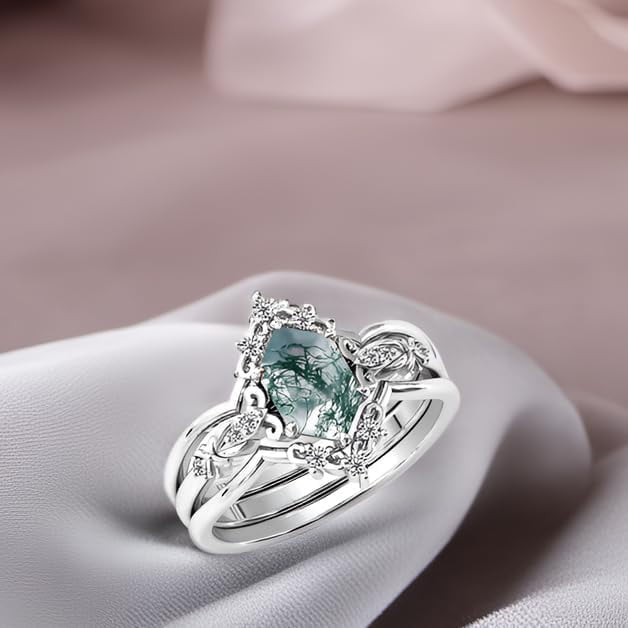 Natural Moss Agate Sterling Silver Rings Set - Leaf Art Deco Hexagon/Pear Moss Agate Engagement Wedding Promise Rings Set - Vintage Unique Bridal Ring Set for Women